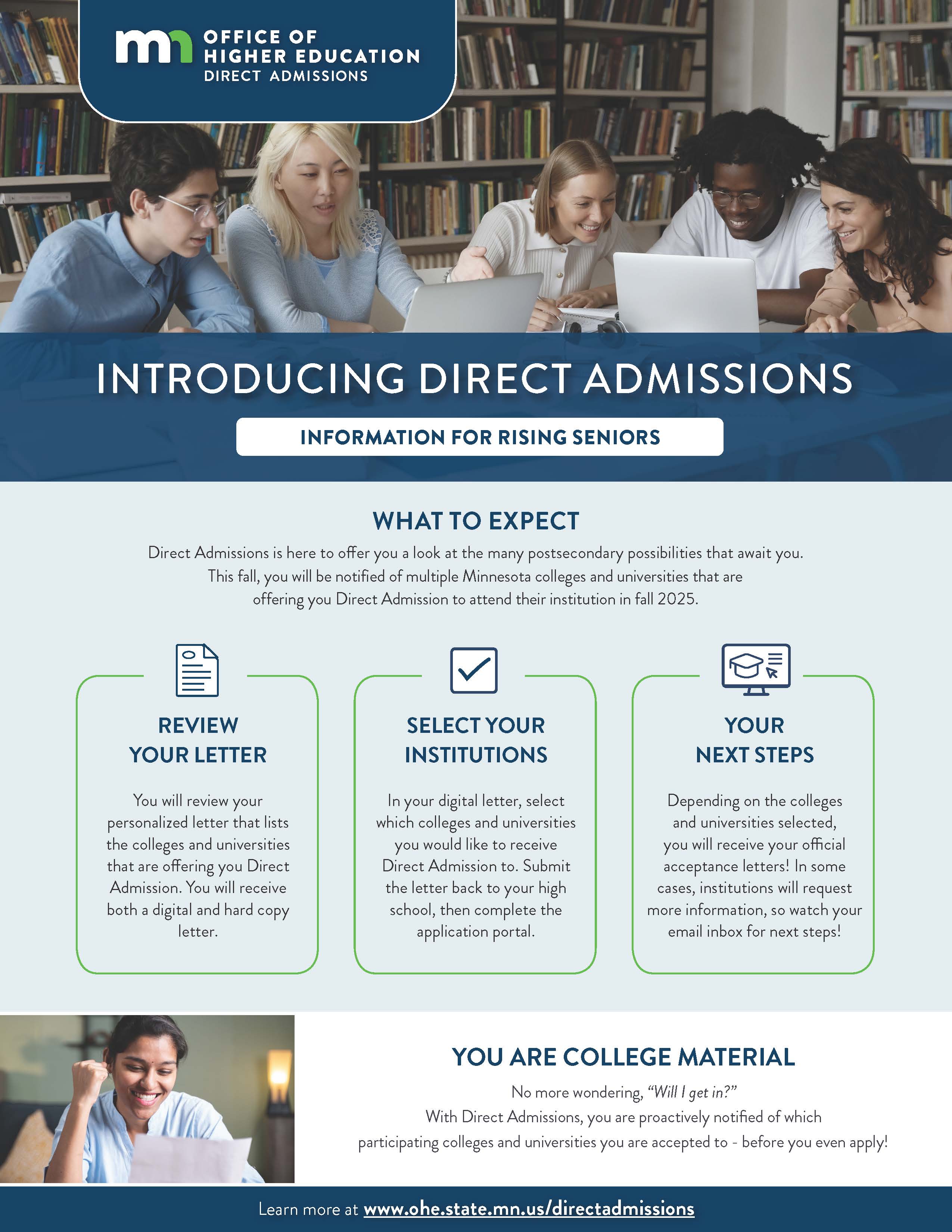 Preview image of student flyer outlining Direct Admissions. Click the link below to read the accessible flyer.